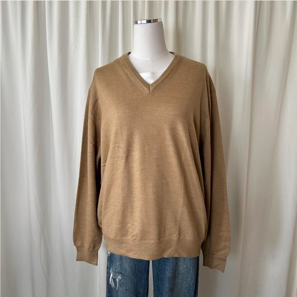 1990s Vintage Grant Thomas V neck sweater 100% Extra Fine Merino Wool Tan. - Picture 6 of 8